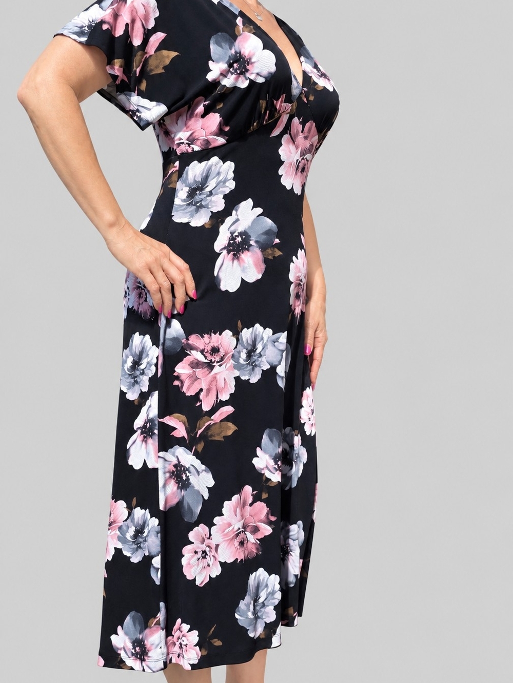 Connected Apparel Black Floral Midi Dress with Pink & Gray Blooms